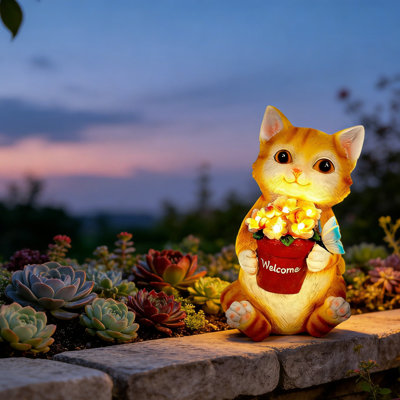 Chat solaire tenant une statue de jardin en forme de pot de fleurs - 5 lumières DEL automatiques 10-12H, décoration extérieure imperméable en résine pour patio, cour, pelouse, anniversaire, cadeau de fête des Mères pour maman grand-mère