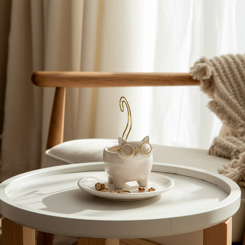 Scarbrough Kitty Trinket Tray, White and Gold Ceramic Jewelry Holder and Organizer, H 6 po x l 6 po x P 4 po