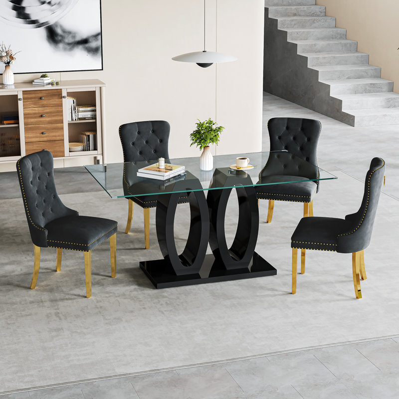 Dining Set, Black, Black/Gold, 5 Pieces: Table, 4 Chairs