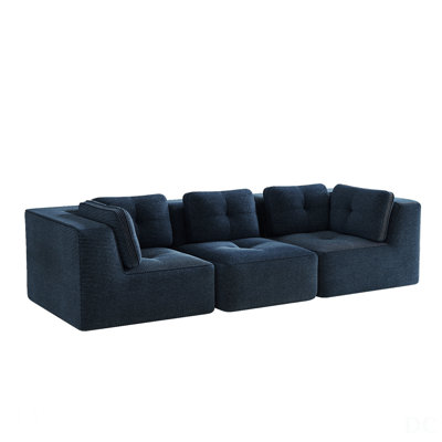 Modern Modular Sectional Sofa For Living Room, Corduroy Fabric, Oversized 3-Seater With Deep Seat, Pearl-Like Piping, Tufted Design, No Assembly, Anti-Slip Design, Blue
