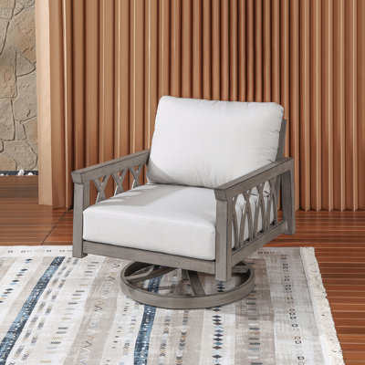 Fauteuil pivotant extérieur en aluminium avec coussin d'assise profond et structure ajourée, rotation à 360°, idéal pour terrasse, porche et jardin, fini chêne blanchi.