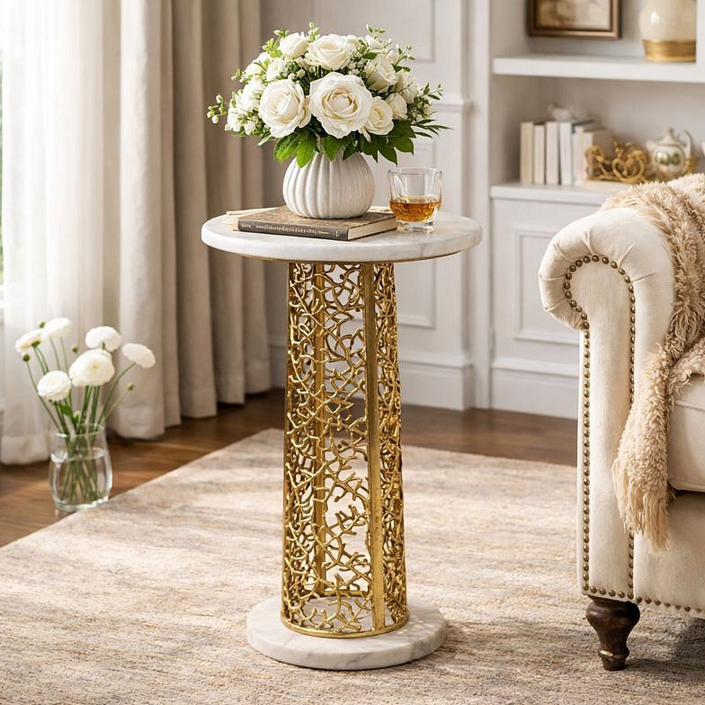 Table d'appoint avec plateau décoratif en marbre et table d'appoint moderne avec base en aluminium