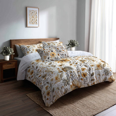 Country Farmhouse 5 Pcs Bedding Set - Brown Neutral Bloom Paisley Duvet Cover And Throw Pillow Set