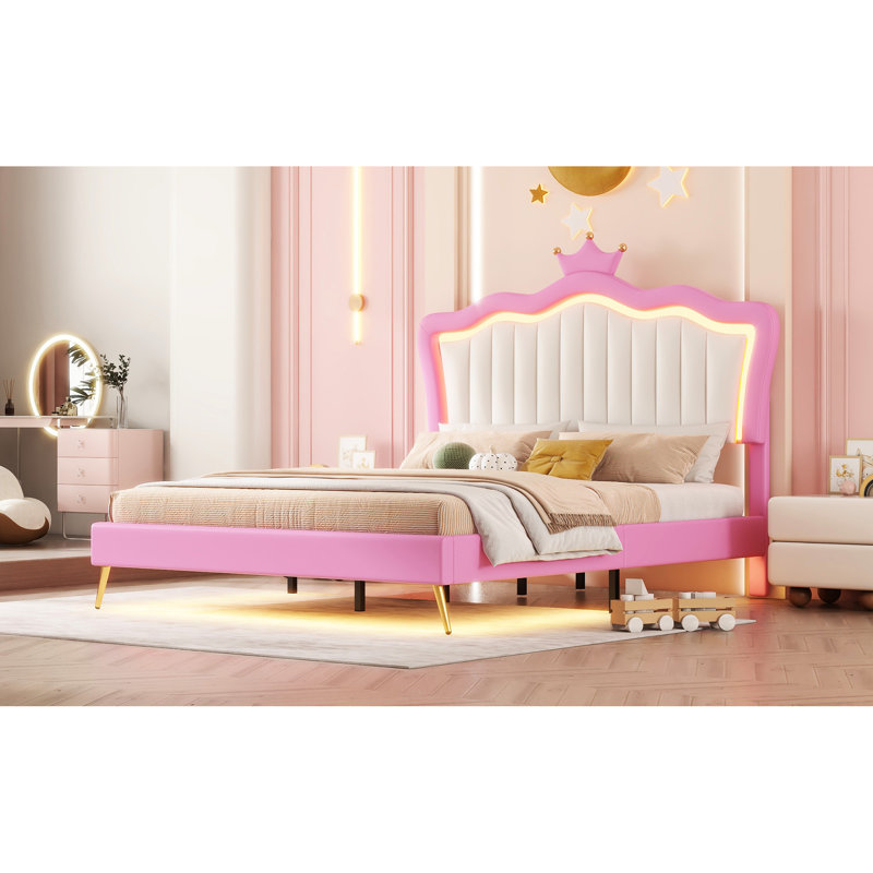 Structure de lit tapissier pour chambre avec lumières à DEL et tête de lit couronne, rose et blanc, construction, revêtement silencieux en pleine grandeur rose et blanc, solide et décorative