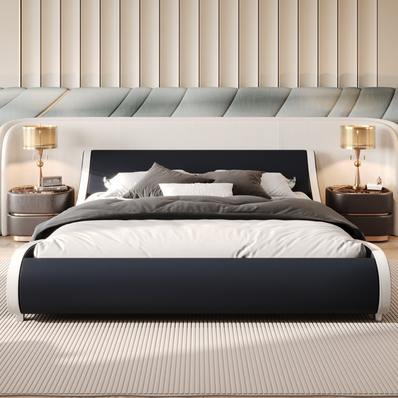 Low Profile Sleigh Bed With Adjustable Headboard, King, Black/White