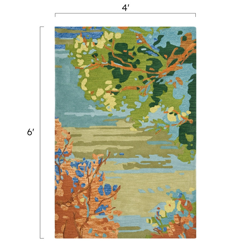 Landscape Floral Handmade Tufted Wool Teal/Yellow/Blue Area Rug, Rectangle 4' x 6'