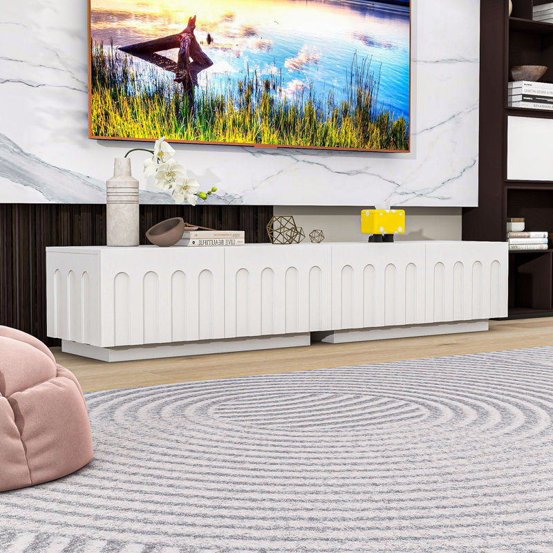 Meuble télé polyvalent et moderne avec un design arqué et beaucoup de rangement, Blanc