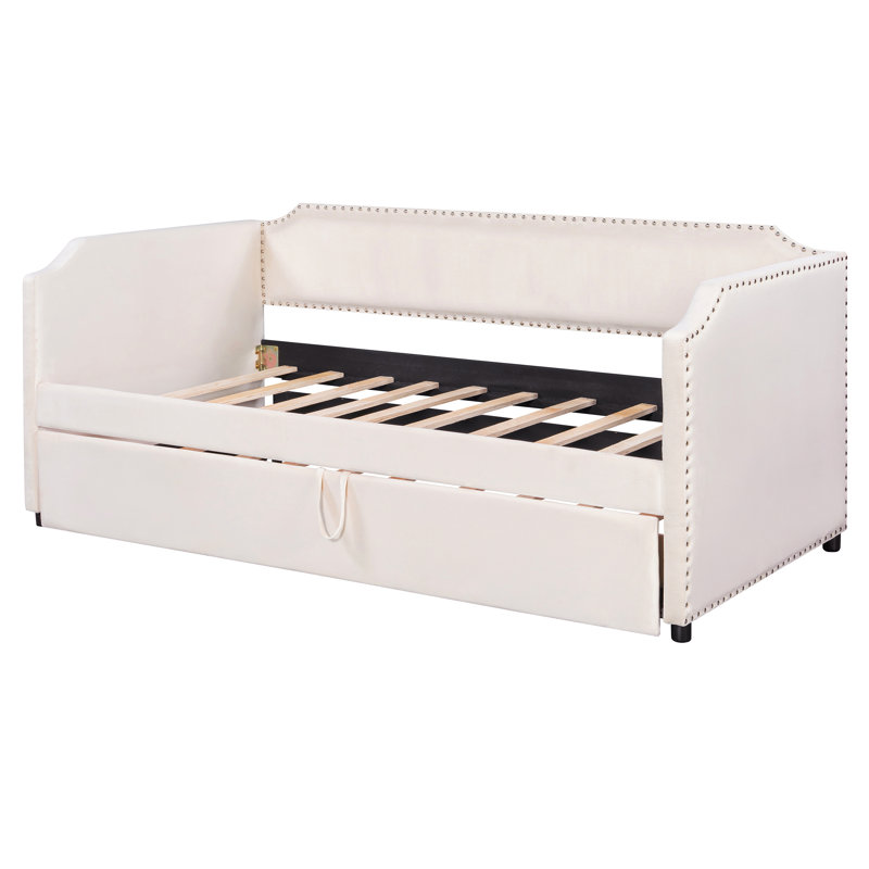 Lit d'invité simple en velours rembourré avec lit gigogne escamotable et rangement, beige, lit d'invité peu encombrant