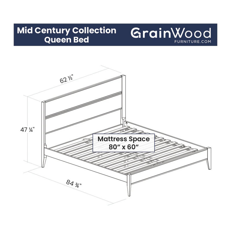 Mid Century Solid Wood Platform Bed, Queen, Brushed Natural