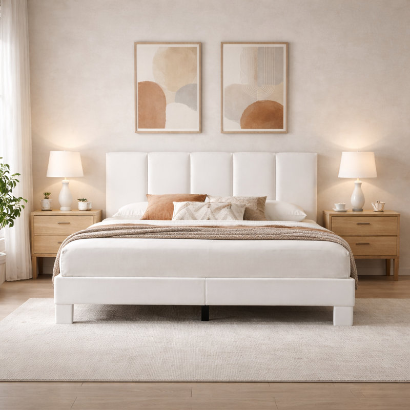 Lit plateforme capitonné en lin Coletti avec tête de lit de 112 cm (44 po), blanc, grand lit, Grand lit, Blanc