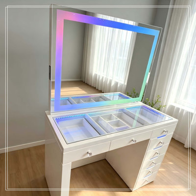 LED Lighted Vanity Table with 8 Drawers, Glass Top White Dressing Desk