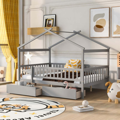 Lit de bébé avec deux tiroirs, plateforme en bois pleine grandeur pour enfants, conception robuste et imaginative