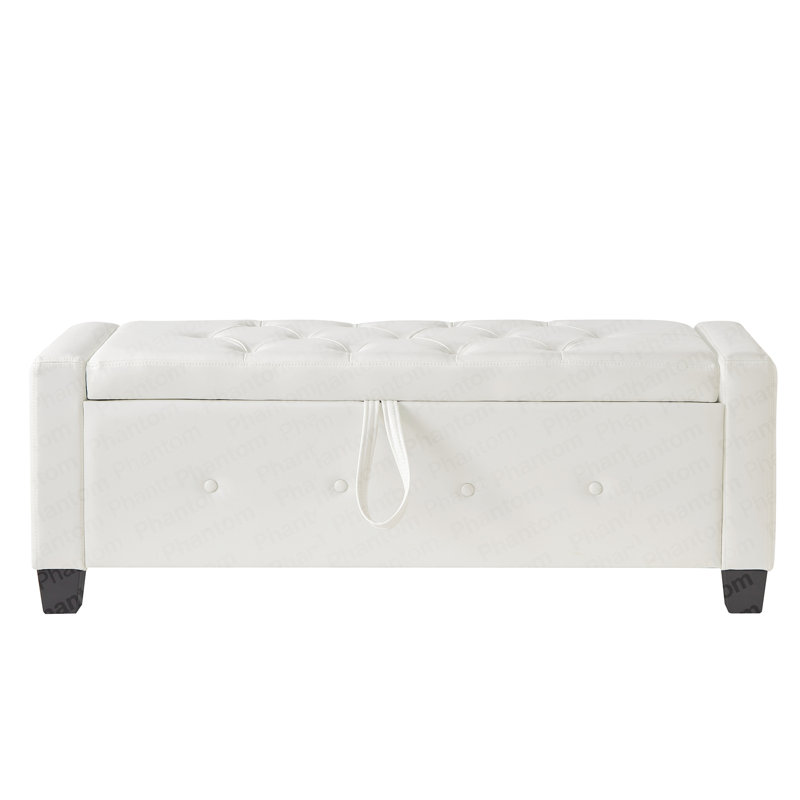 48" Ottoman Bench With Storage, Bench For Bedroom,Living Room,Hallway, Upholstered Tufted Faux Leather PU Ottoman Ivory White