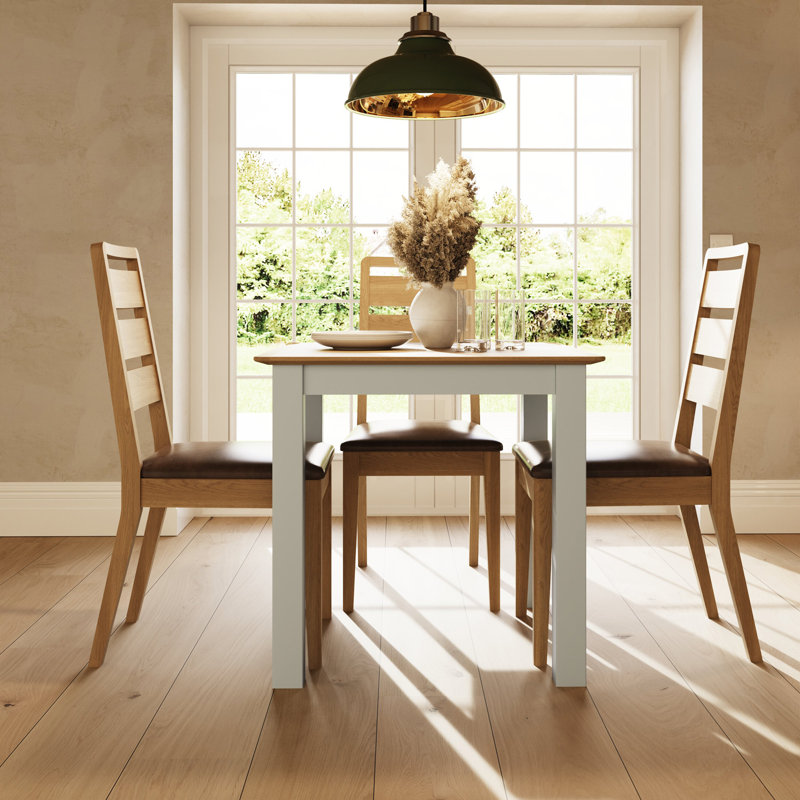 Herrman 80cm Square Dining Table 4 Chairs Set. Ladder Back Chairs. Leather Cushioned Seat., Off White