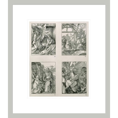 La série «Petite passion» (TL-BR): L'Annonce, l'adoration du Christ des bergers prenant le départ de l'entrée de sa mère le Christ à Jérusalem par Albrecht Dürer - Impression Giclée encadrée