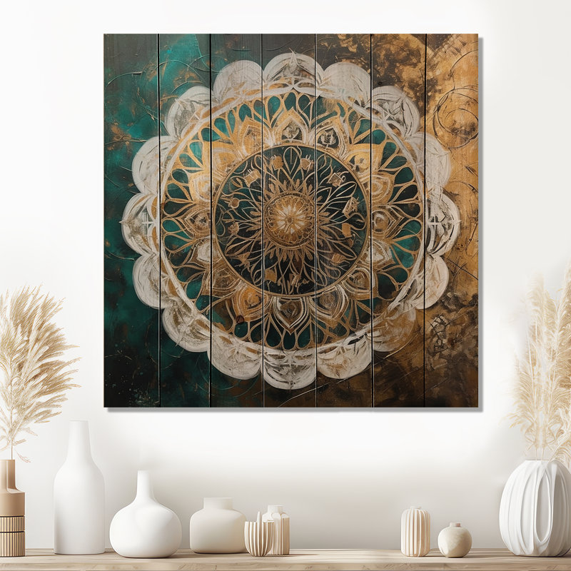 Nandan sarcelle et mandala doré I sur bois, H 15 po x l 15 po x P 0,78 po