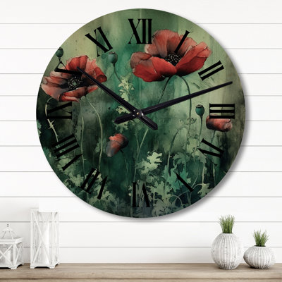 Emerald Vibrant Poppies II - Poppies Oversized Wood Wall Clock