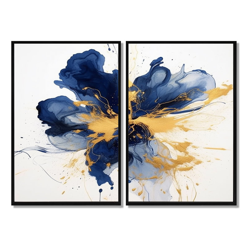 «Dark Blue and Gold Strokes I», art mural fractal, H 36 po x l 48 po, Impression encadrée flottante, Noir