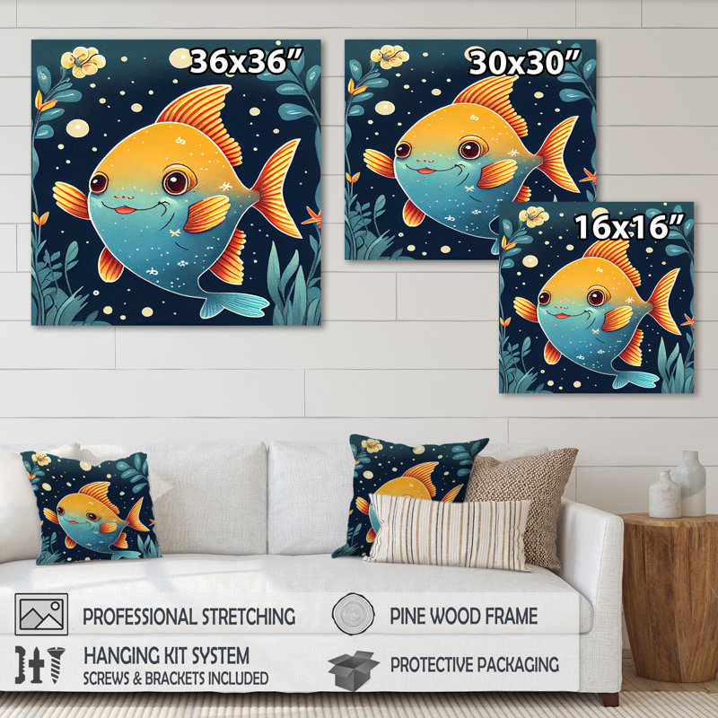«Kamorah», dessin mignon de poisson en orange et bleu - reproduction sur toile, H 16 po x l 16 po x P 1 po, Toile tendue