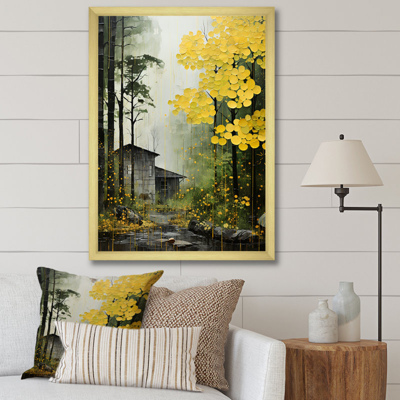 «Yellow Trees Verdant Canopy Patchwork» - Décoration murale chalet, H 40 po x l 30 po x P 1,5 po, Encadrement doré