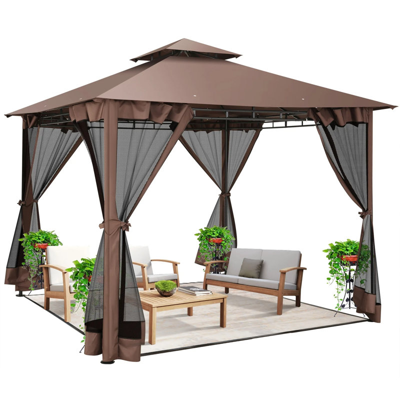 HOTTEL 10'W×10'D Outdoor Gazebo Canopy, Canopy Tent with Mosquito Netting, Brown