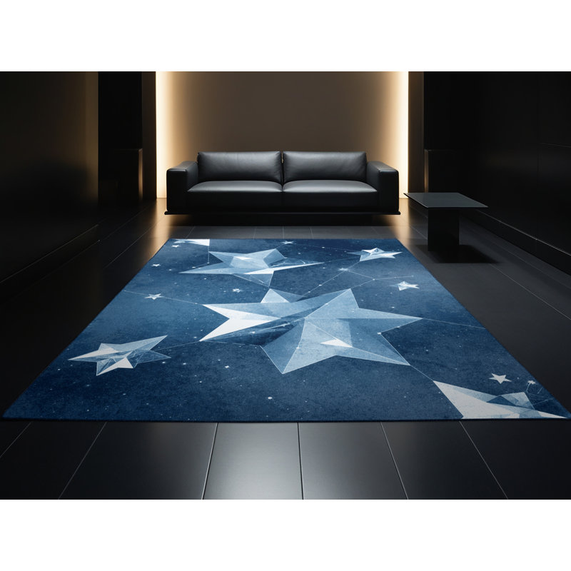 Tapis bleu lavable à la machine à motif géométrique Pavle, 4 x 6