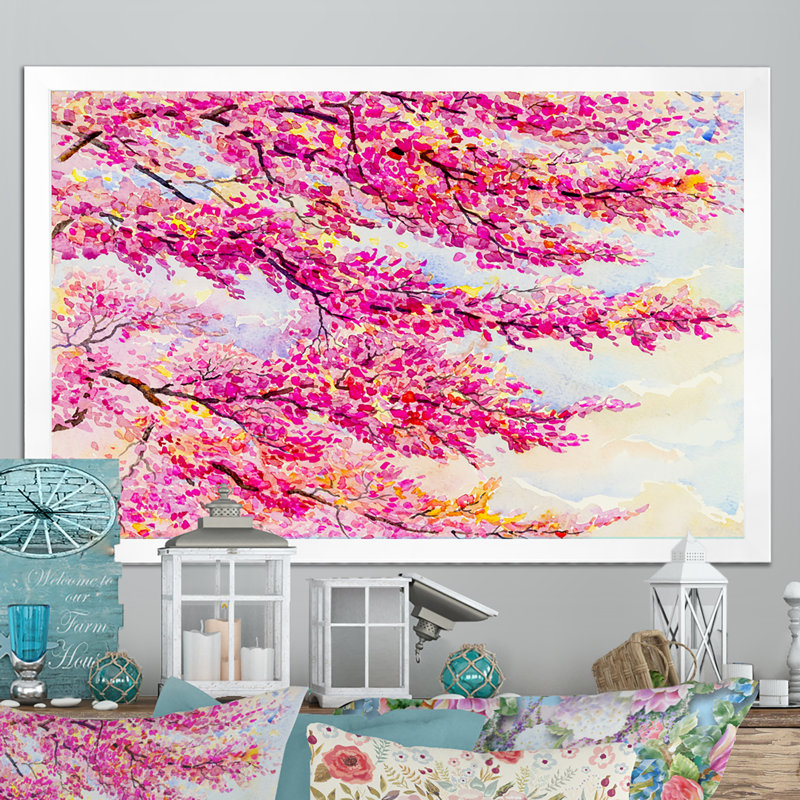 Arbre rose coloré - reproduction sur toile flottante, Cadre photo blanc, H 24 po x l 36 po x P 1 po