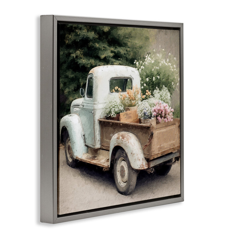 Fleurs de campagne en camion, Cadre flottant gris lustré, H 25 po x l 25 po