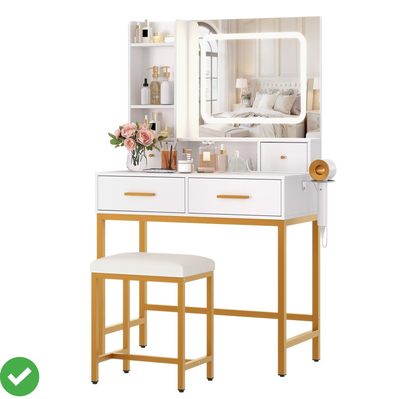 Vanity Desk with Mirror and Lights Makeup Vanity with 4 Drawers 2 Shelves 3 Light Modes