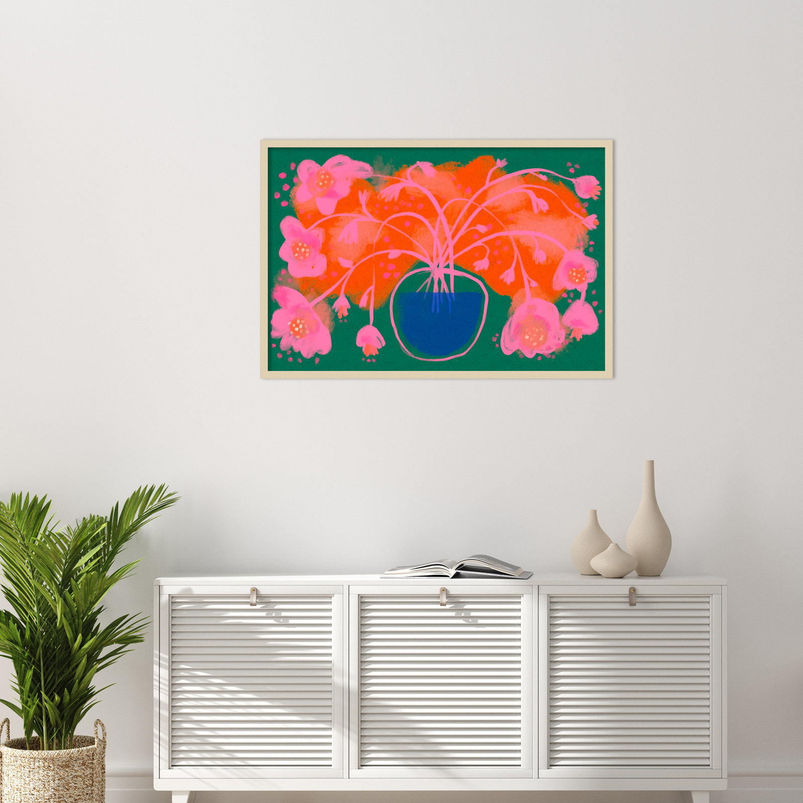 Pink Flower Bouquet by Treechild  Wood Framed Wall Art Print, Brown, 28" H x 41" W