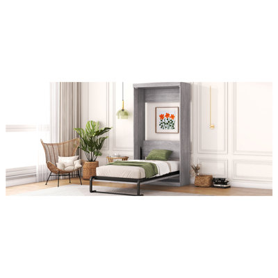 Lit simple plié dans une armoire, gris - L'armoire à structure métallique peut accueillir divers matelas