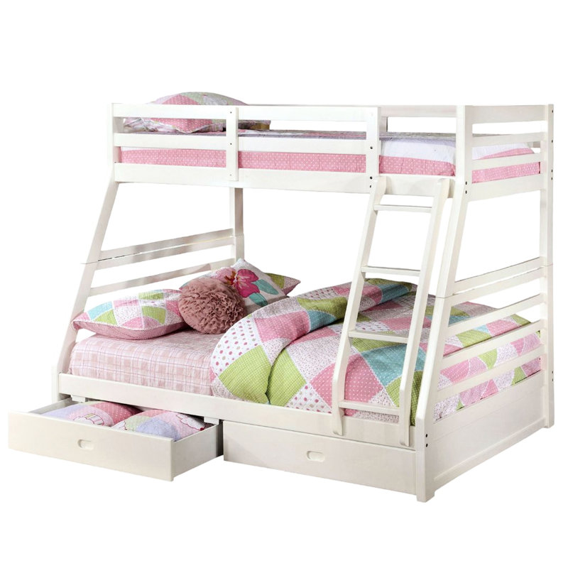 Lit superposé simple au-dessus de double à finition blanche avec esthétique transitionnelle, deux tiroirs de rangement, structure en bois massif attachée, 10 pièces Les lattes offrent un espace de repos stable avec un grand espace de rangement