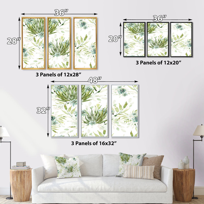 Cactus et plantes grasses sur fond blanc, ensemble de 3 toiles encadrées, Blanc, H 32 po x l 48 po x P 1 po