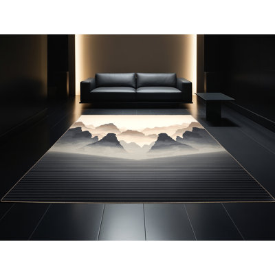 Tapis ombré beige contemporain Paizlei Ha Long Bay lavable à la machine - reliure beige