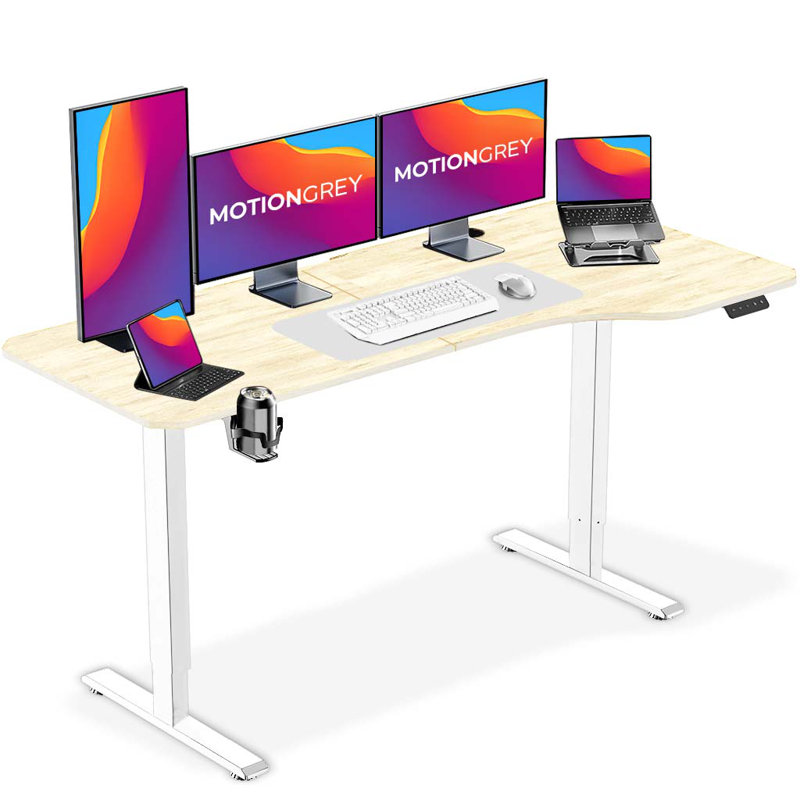 Bureau debout électrique en L, 63 po x 24 po à droite, Brun clair / jaune
