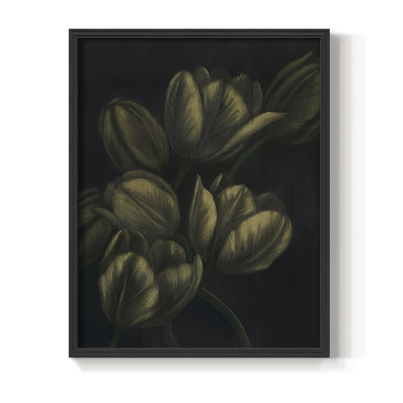 Tulipes dorées I, reproduction encadrée - bois massif, Noir, H 30 po x l 24 po