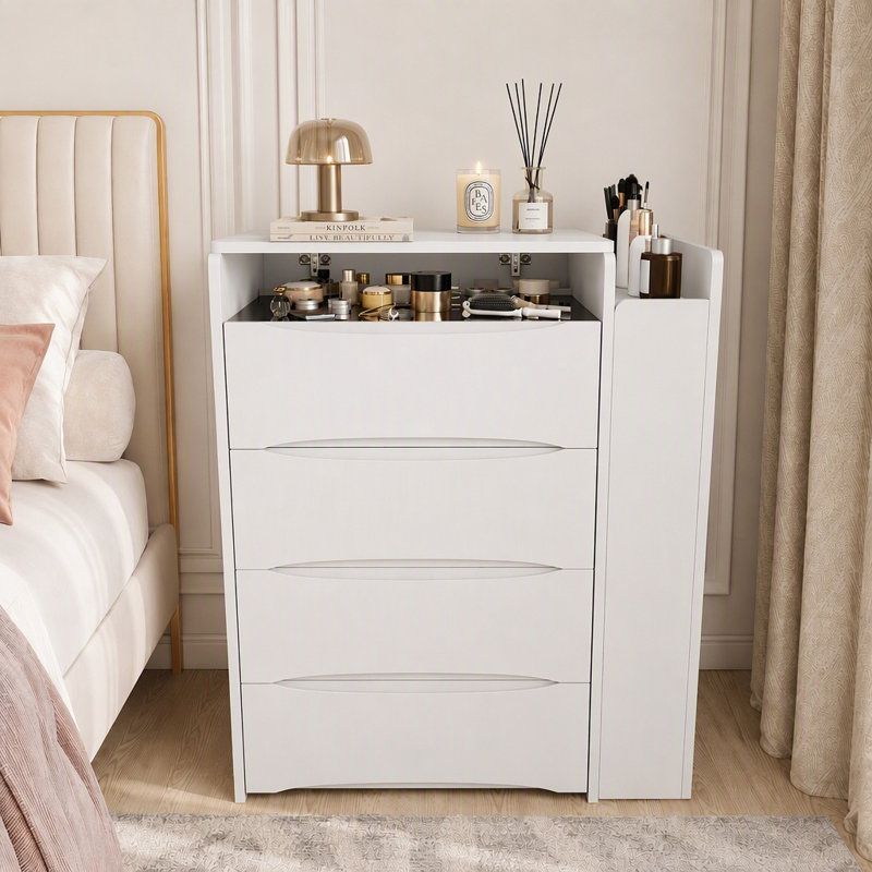 Coiffeuse 3 en 1 avec miroir rabattable, armoire latérale coulissante et tabouret, Blanc