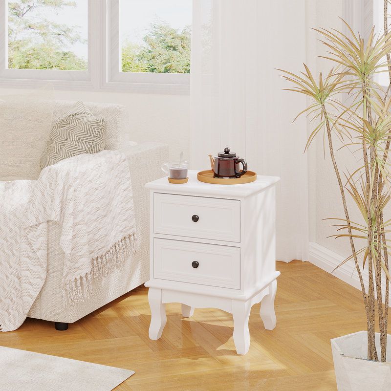 Table de chevet blanche de style campagnard français, avec 2 tiroirs, en MDF et pieds sculptés et incurvés.