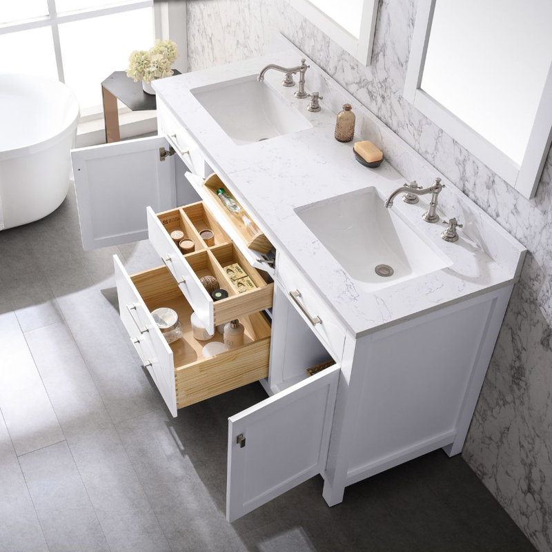 Meuble-lavabo double Ajhane, Blanc / nickel brossé