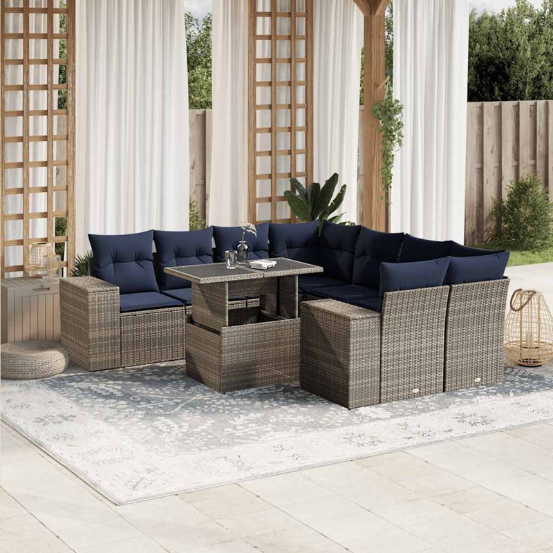 Ensemble de canapé de patio 9 pièces avec coussins en rotin de polyester, Gris, Marine