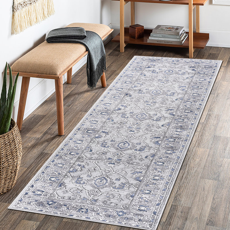 Tapis tissé et tissé 2 x 8, gris / bleu, sans perte de teinture, pour le salon, la chambre à coucher et la salle à manger