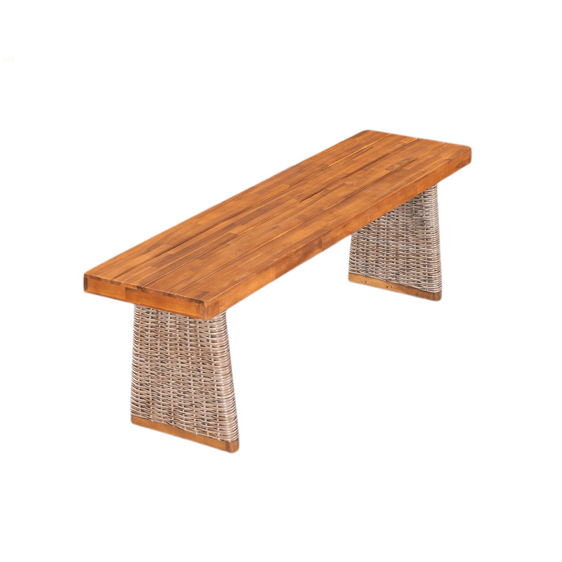 Outdoor 1Pcs Acacia Wood Bench,Teak Finish+ Brown Wicker, Brown