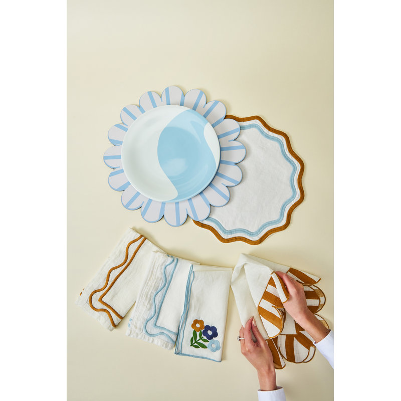 Embroidered Linen Scalloped Stripe Double-Sided Placemats, Orange