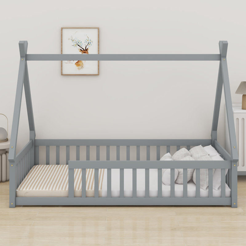 Tent-Shaped Teepee Bed With Safety Rails, Gray