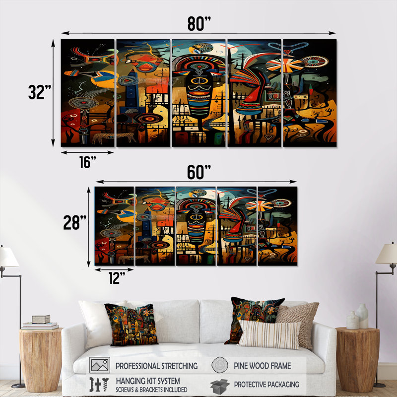 Abstrait paysage sub-saharien - Art africain, art mural pour le salon, 5 pièces, H 28 po x l 60 po