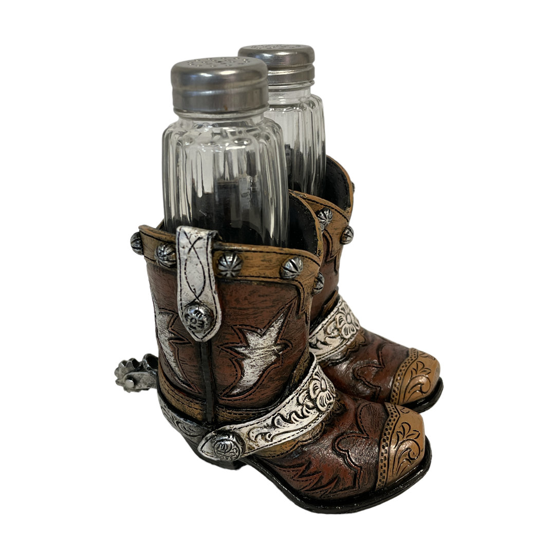 Polyresin Faux Tooled Leather Western Cowboy Boots Salt and Pepper Shaker Holder Set De Leon Collections