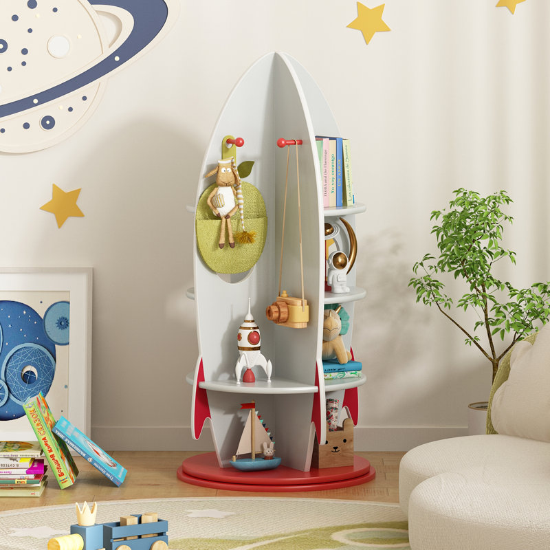 Kids Rocket Bookshelf, 360 Rotating Toy Storage Organizer, Multi-tier Children's Bookcase With Hooks For Playroom & Nursery, Space-themed Corner Display Shelf For Toddlers, Boys & Girls