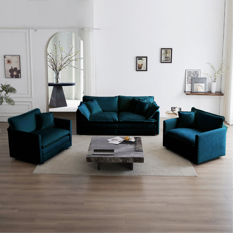 Florencio 3 - Piece Living Room Set, Blue Chenille