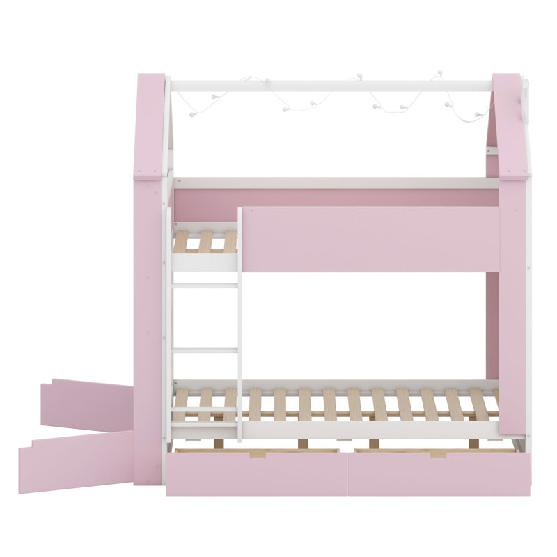 Lit superposé avec tiroirs et étagères de rangement, bande lumineuse intégrée et style bicolore moderne, White+Pink