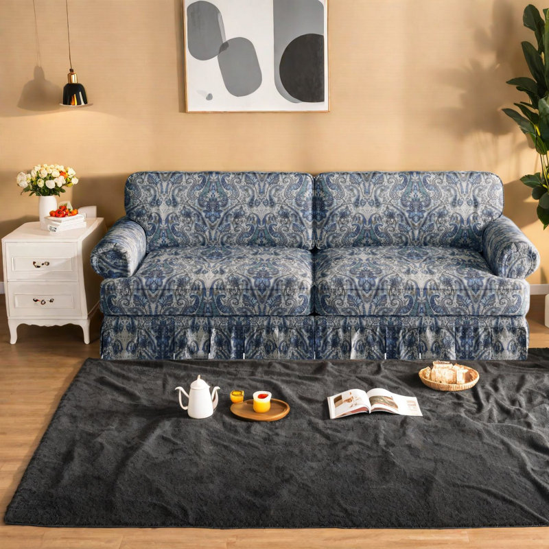 Luxueux canapés en tissu Oxford de style Mid-Century avec jupe et accoudoirs élégants